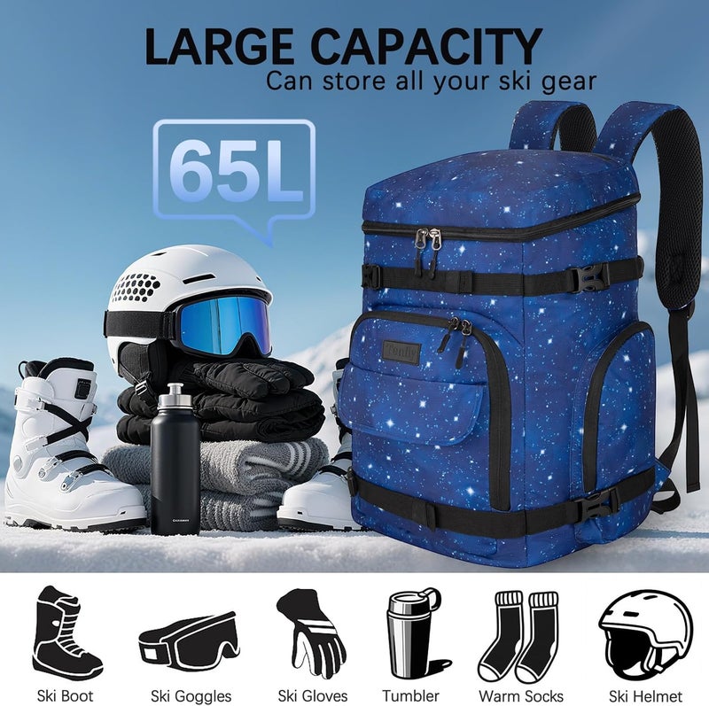 Tenfly Ski Boot Bag,65L Snowboard Boot Bag for Air Travel,Padded Ski Bakcpack for Helmet, Goggles, Gloves, Skis - Image 2